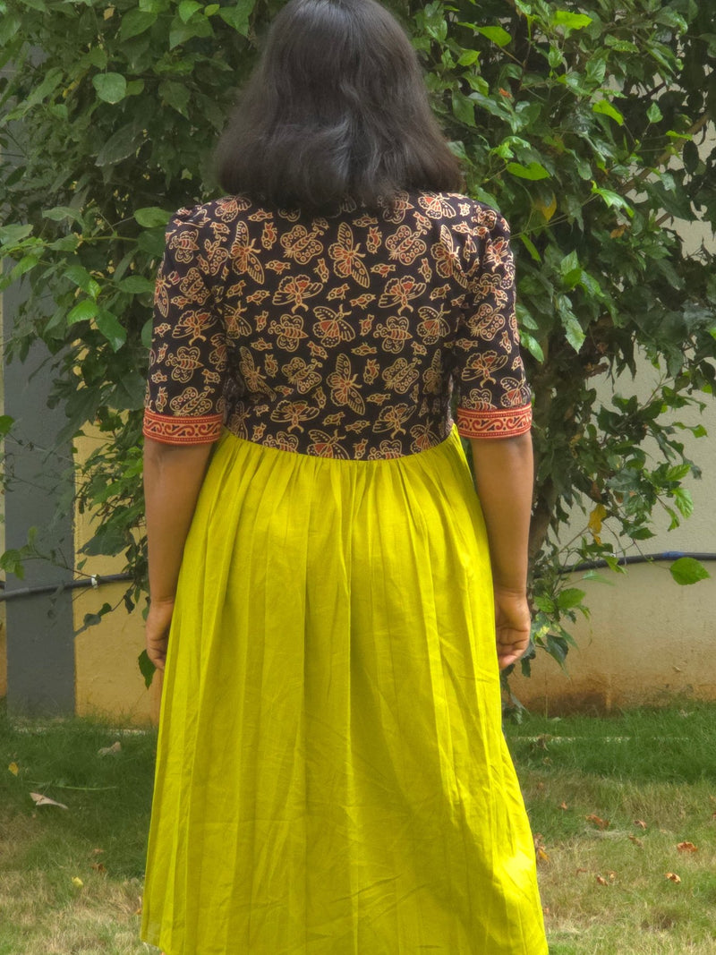 Green & Black V - Neck Alia Cut Dress with Handblock Floral Yoke - Oagh India