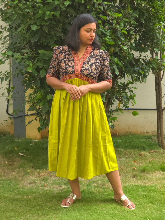 Green & Black V - Neck Alia Cut Dress with Handblock Floral Yoke - Oagh India