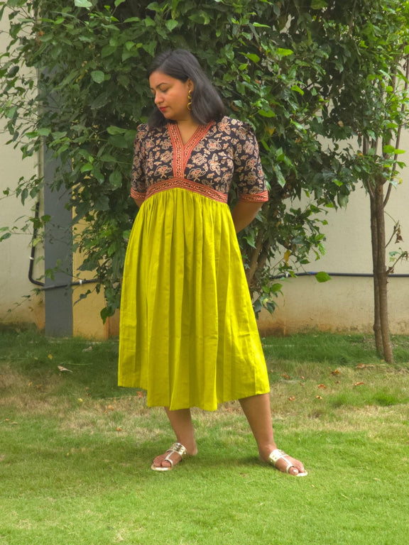 Green & Black V - Neck Alia Cut Dress with Handblock Floral Yoke - Oagh India