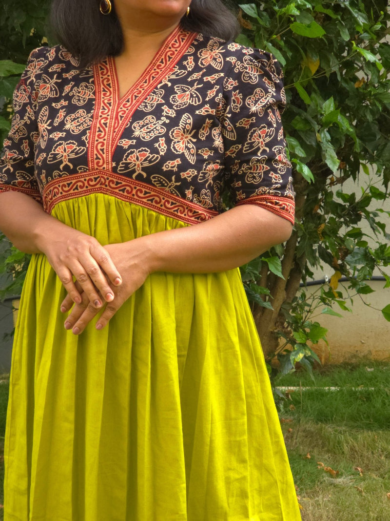 Green & Black V - Neck Alia Cut Dress with Handblock Floral Yoke - Oagh India