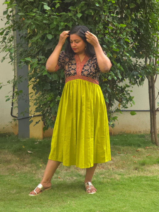 Green & Black V-Neck Alia Cut Dress with Handblock Floral Yoke - Oagh India Green & Black V-Neck Alia Cut Dress with Handblock Floral Yoke - Oagh India