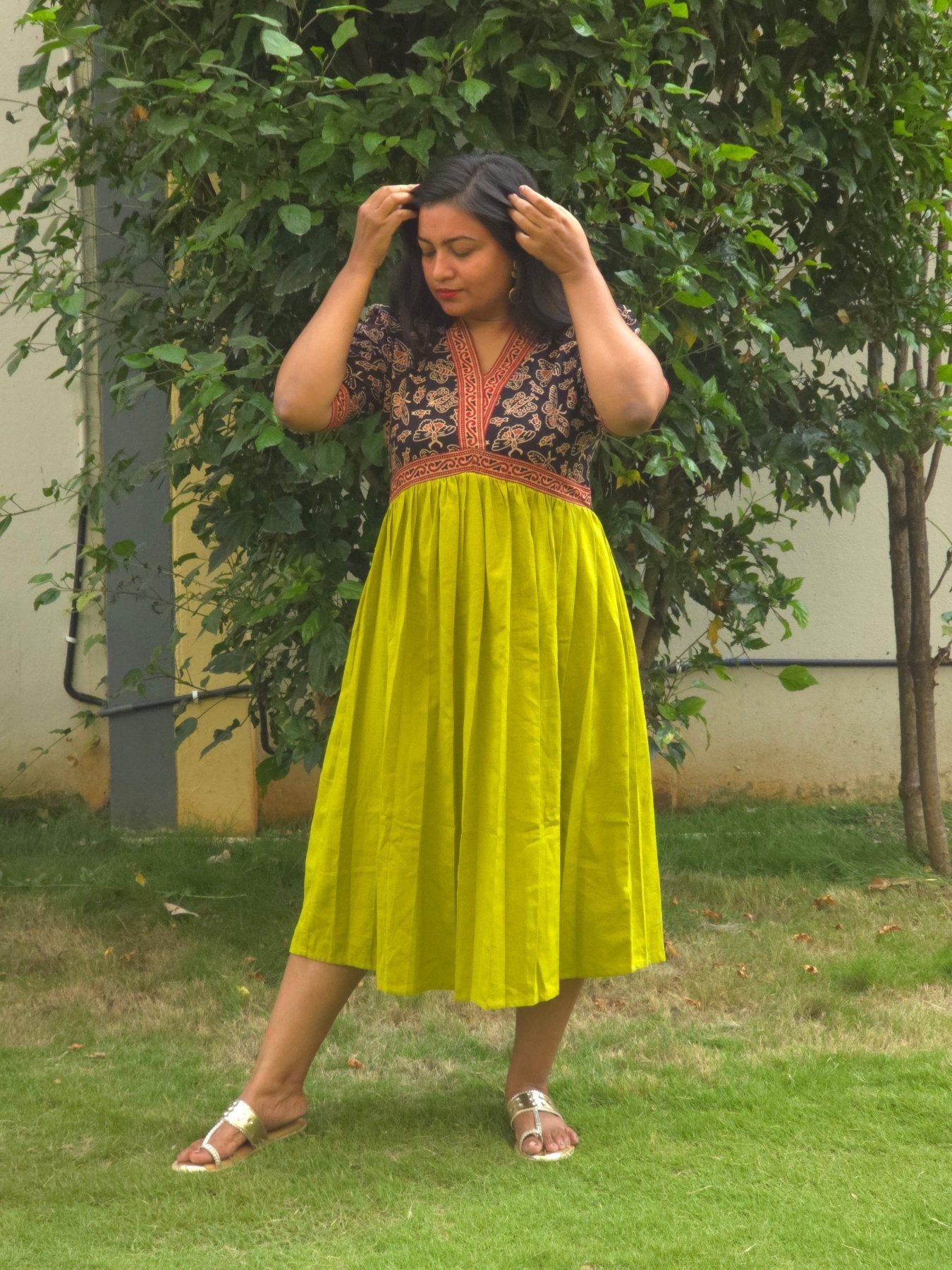 Green & Black V - Neck Alia Cut Dress with Handblock Floral Yoke - Oagh India