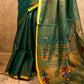 Hirva Shalu | Emerald Handloom Cotton Saree with Muniya Zari & Tissue Pallu - Oagh India