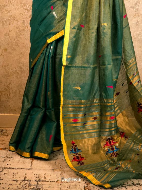 Hirva Shalu | Emerald Handloom Cotton Saree with Muniya Zari & Tissue Pallu - Oagh India