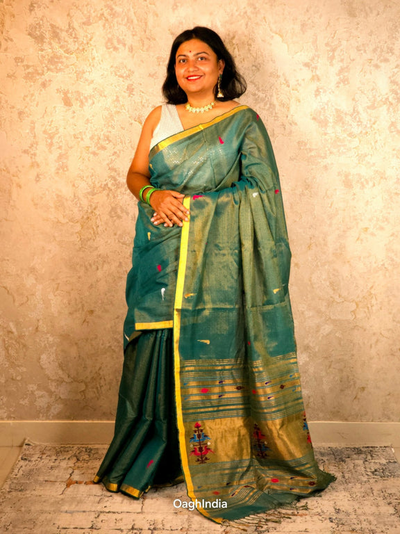 Hirva Shalu | Emerald Handloom Cotton Saree with Muniya Zari & Tissue Pallu - Oagh India