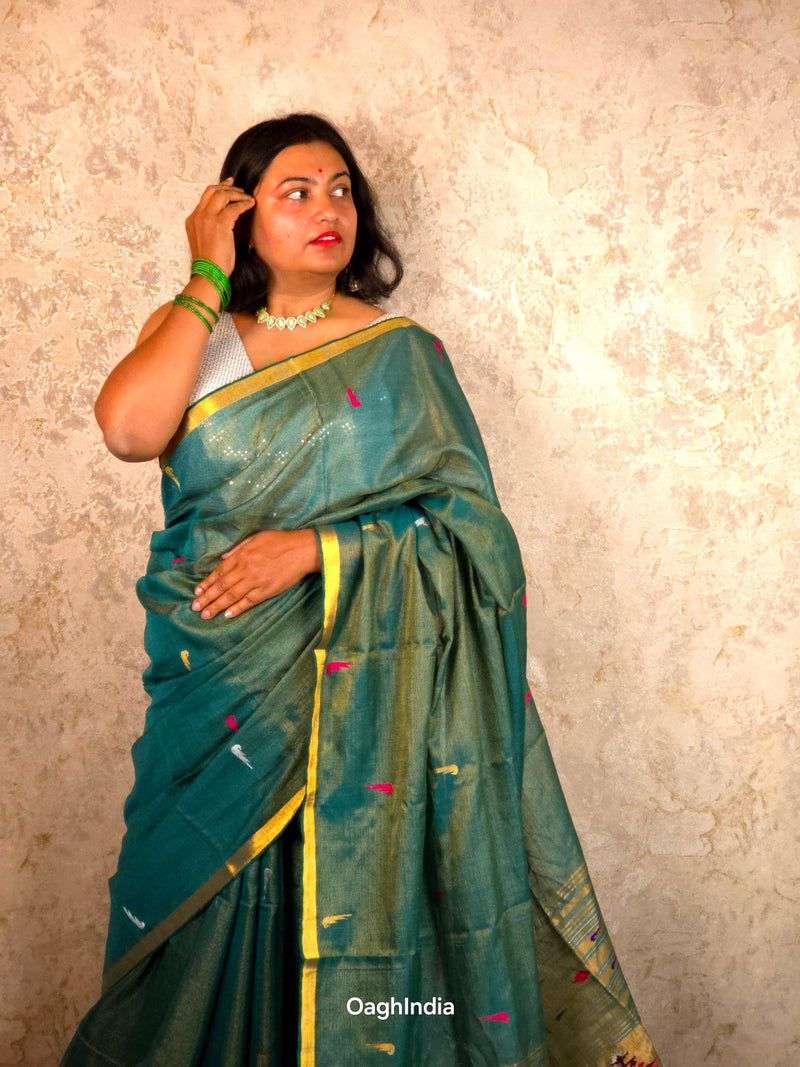 Hirva Shalu | Emerald Handloom Cotton Saree with Muniya Zari & Tissue Pallu - Oagh India