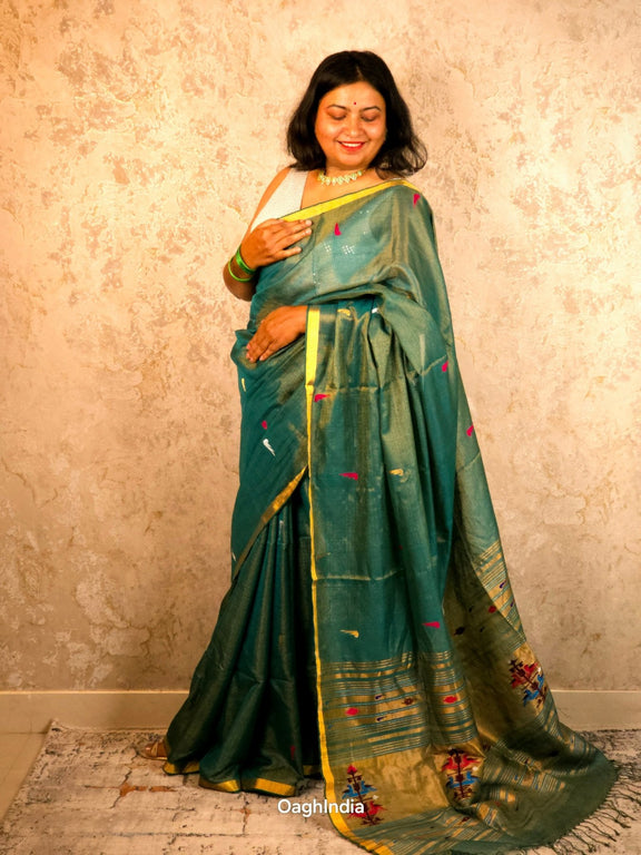 Hirva Shalu | Emerald Handloom Cotton Saree with Muniya Zari & Tissue Pallu - Oagh India
