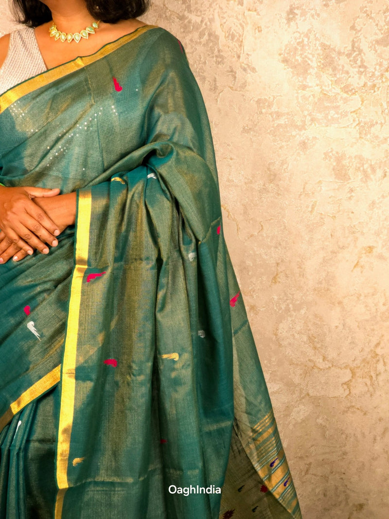 Hirva Shalu | Emerald Handloom Cotton Saree with Muniya Zari & Tissue Pallu - Oagh India