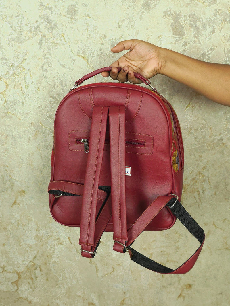 Kashmiri Backpack – Maroon | Velvet Floral Embroidered Backpack for Women - Oagh India