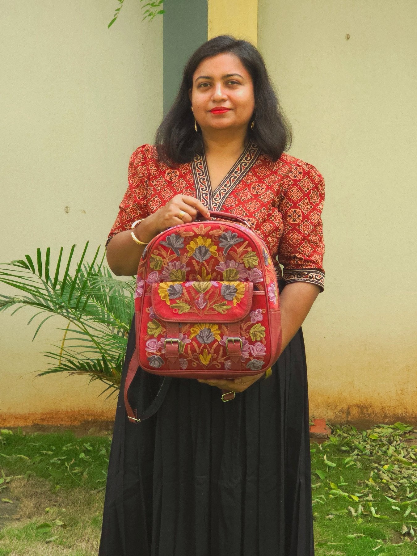 Kashmiri Backpack – Maroon | Velvet Floral Embroidered Backpack for Women - Oagh India
