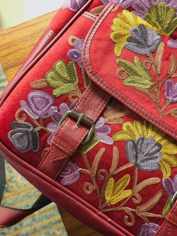 Kashmiri Backpack – Maroon | Velvet Floral Embroidered Backpack for Women - Oagh India