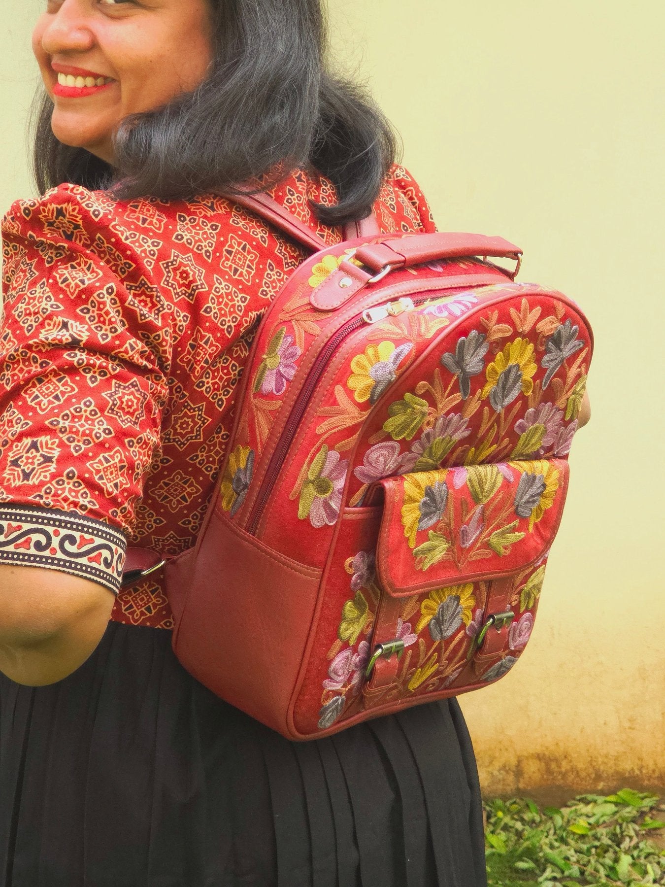 Kashmiri Backpack – Maroon | Velvet Floral Embroidered Backpack for Women - Oagh India