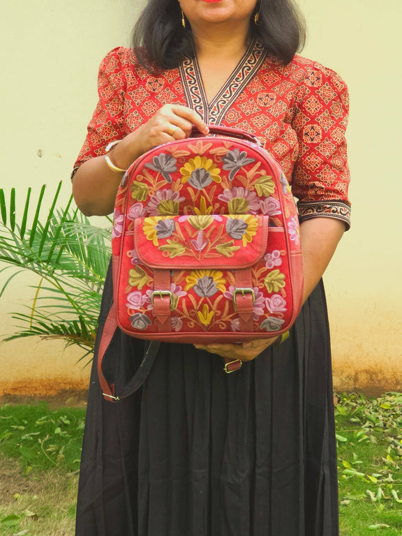 Kashmiri Backpack – Maroon | Velvet Floral Embroidered Backpack for Women - Oagh India