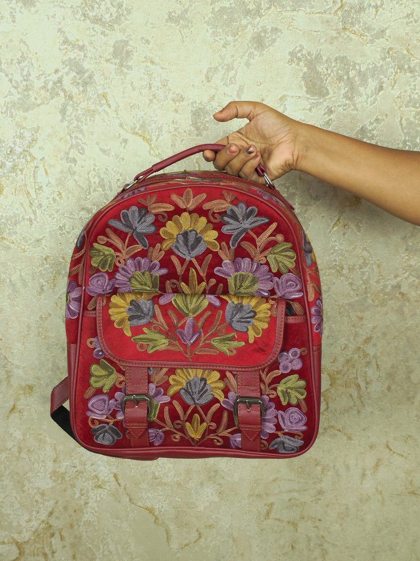 Kashmiri Backpack – Maroon | Velvet Floral Embroidered Backpack for Women - Oagh India