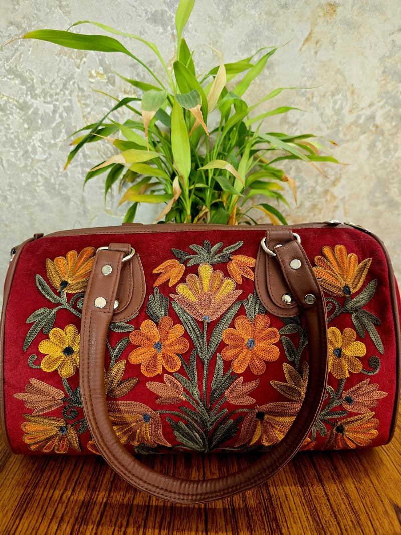 Kashmiri Duffel Bag – Maroon | Velvet Floral Duffel Bag for Women