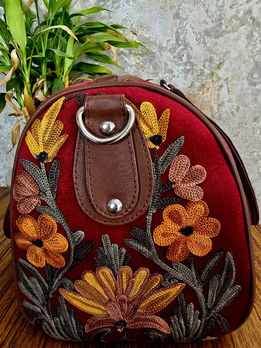 Kashmiri Duffel Bag – Maroon | Velvet Floral Duffel Bag for Women