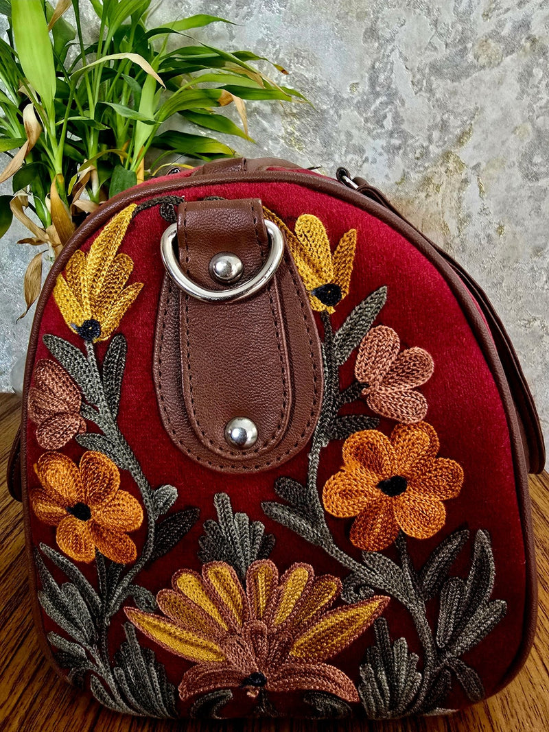 Kashmiri Duffel Bag – Maroon | Velvet Floral Duffel Bag for Women