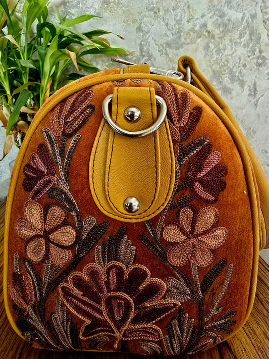 Kashmiri Duffel Bag – Mustard | Velvet Floral Duffel Bag for Women
