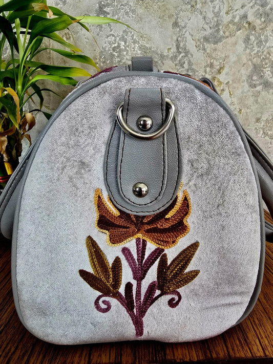 Kashmiri Duffel Bag - Silver | Velvet Travel & Everyday Bag for Women