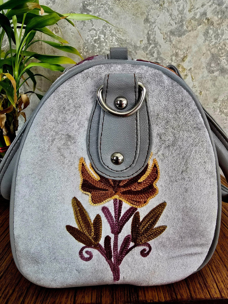 Kashmiri Duffel Bag - Silver | Velvet Travel & Everyday Bag for Women