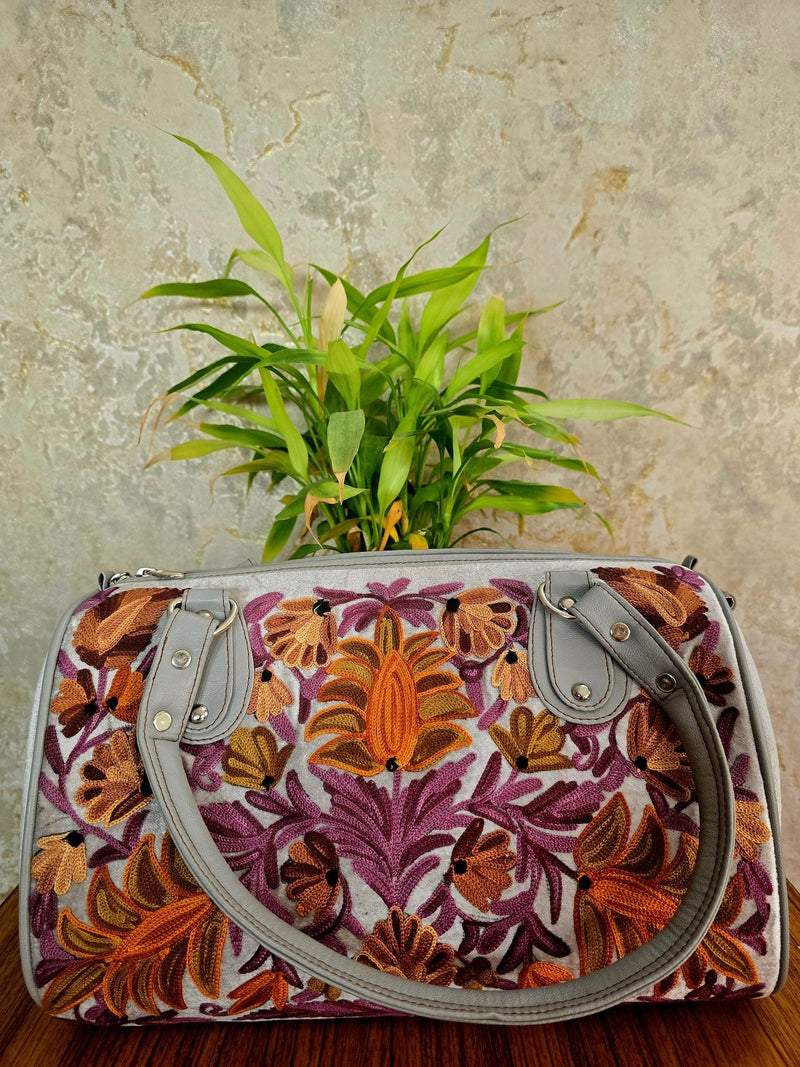 Kashmiri Duffel Bag - Silver | Velvet Travel & Everyday Bag for Women