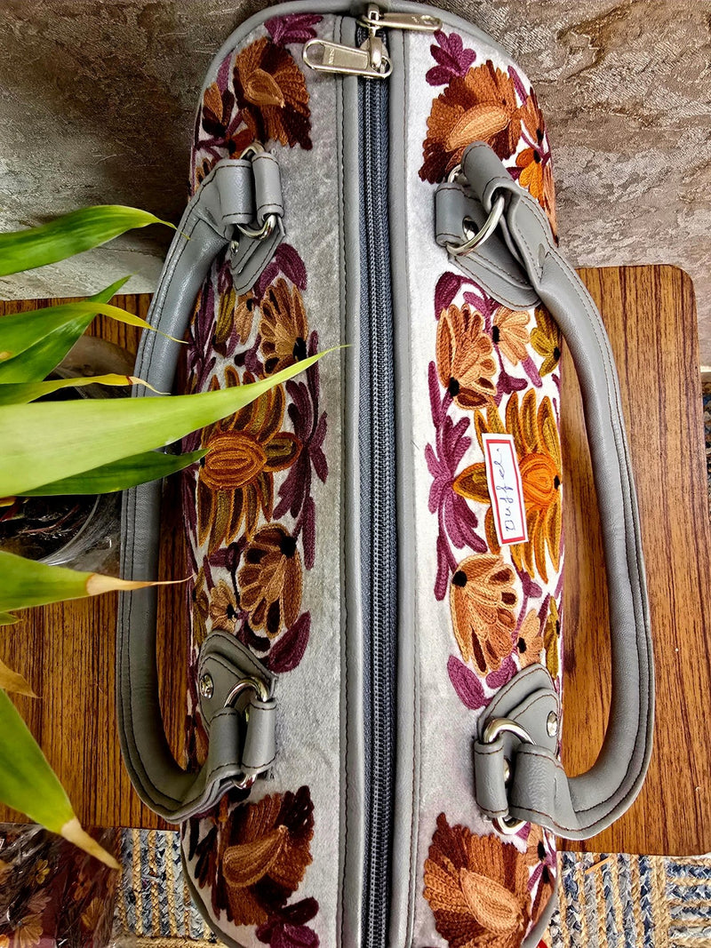 Kashmiri Duffel Bag - Silver | Velvet Travel & Everyday Bag for Women