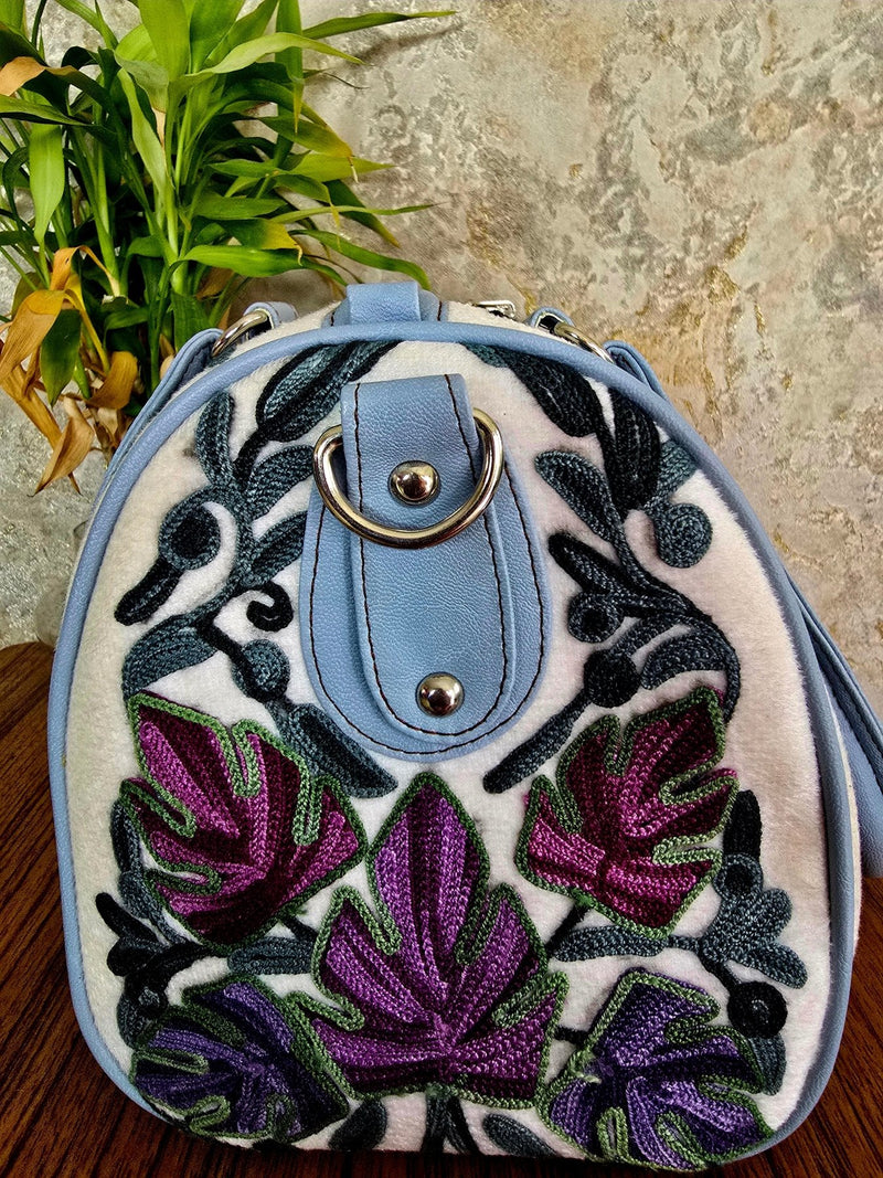 Kashmiri Duffel Bag - White | Velvet Travel & Everyday Bag for Women