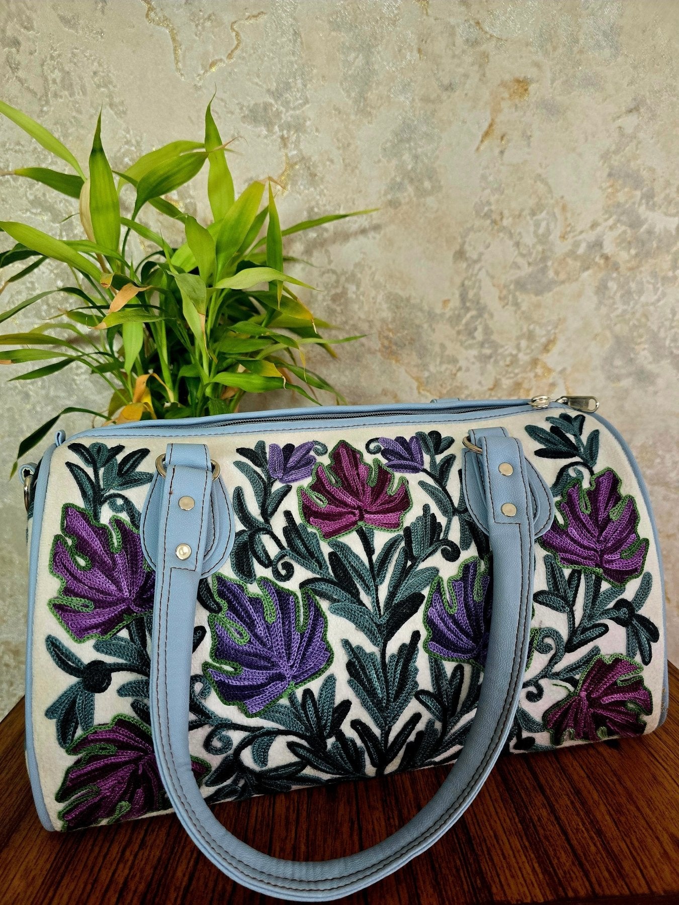 Kashmiri Duffel Bag - White | Velvet Travel & Everyday Bag for Women