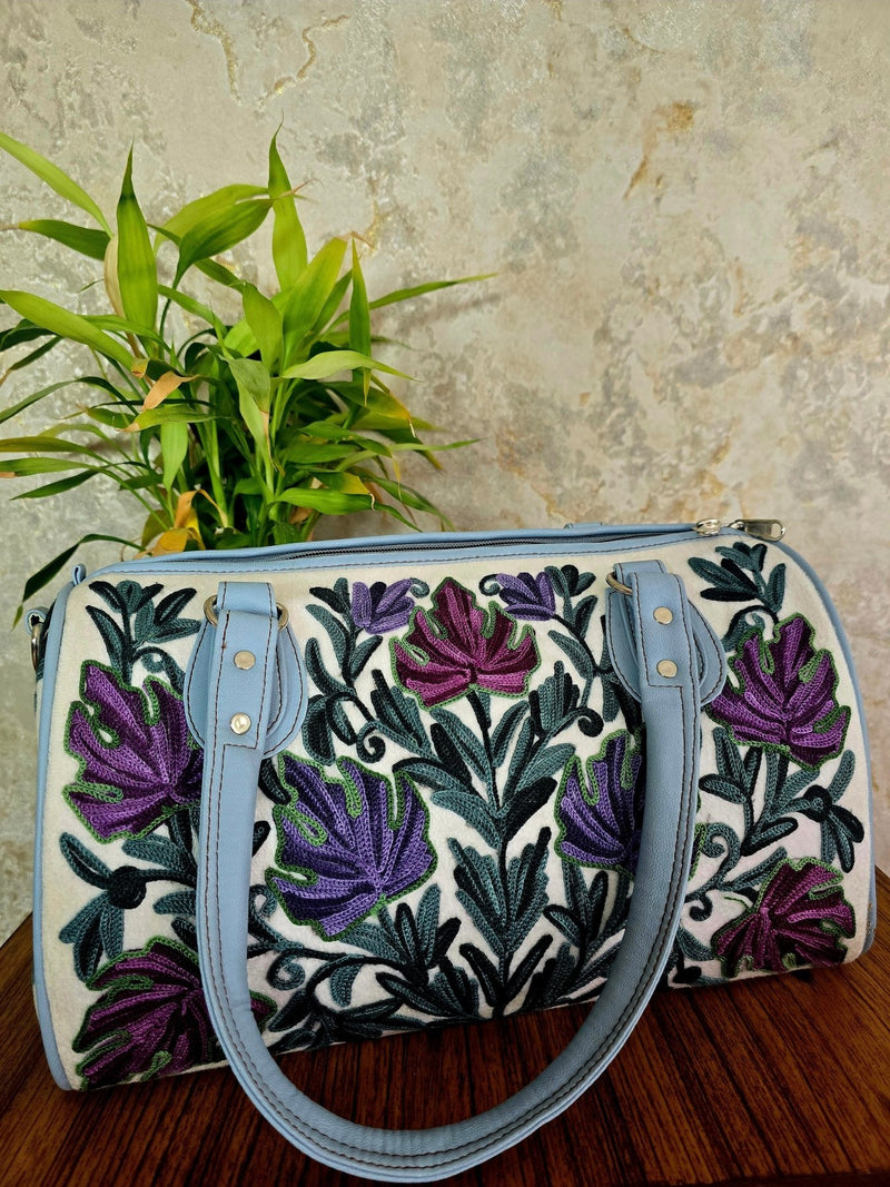 Kashmiri Duffel Bag - White | Velvet Travel & Everyday Bag for Women