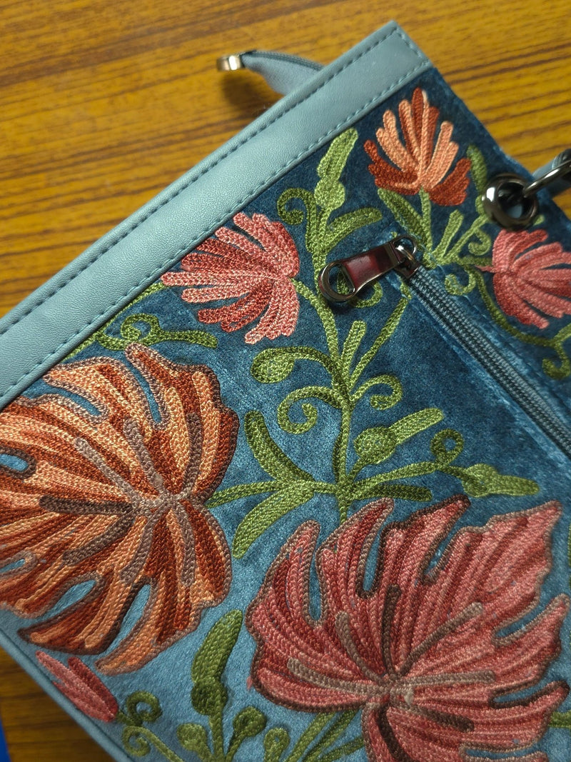 Kashmiri Tote Bag – Dusty Blue | Velvet Floral Embroidered Tote for Women - Oagh India