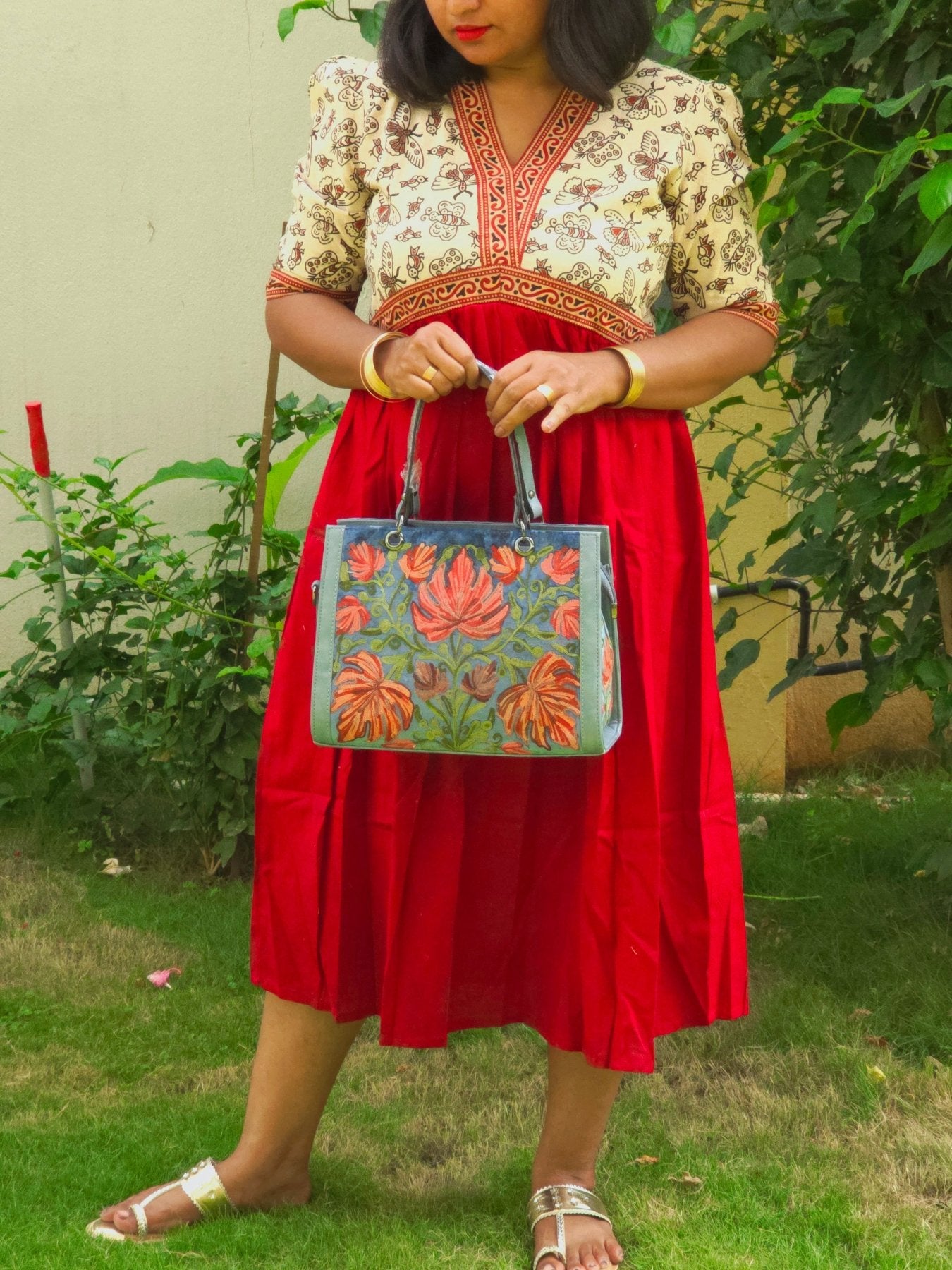 Kashmiri Tote Bag – Dusty Blue | Velvet Floral Embroidered Tote for Women - Oagh India