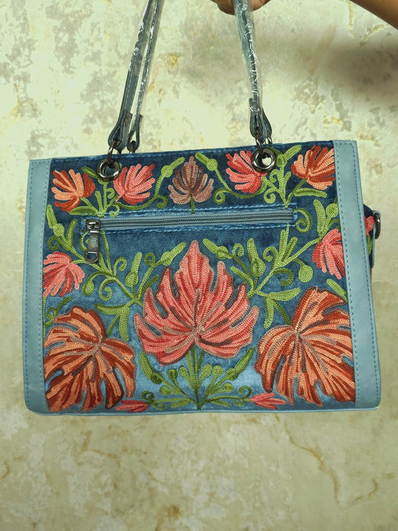 Kashmiri Tote Bag – Dusty Blue | Velvet Floral Embroidered Tote for Women - Oagh India