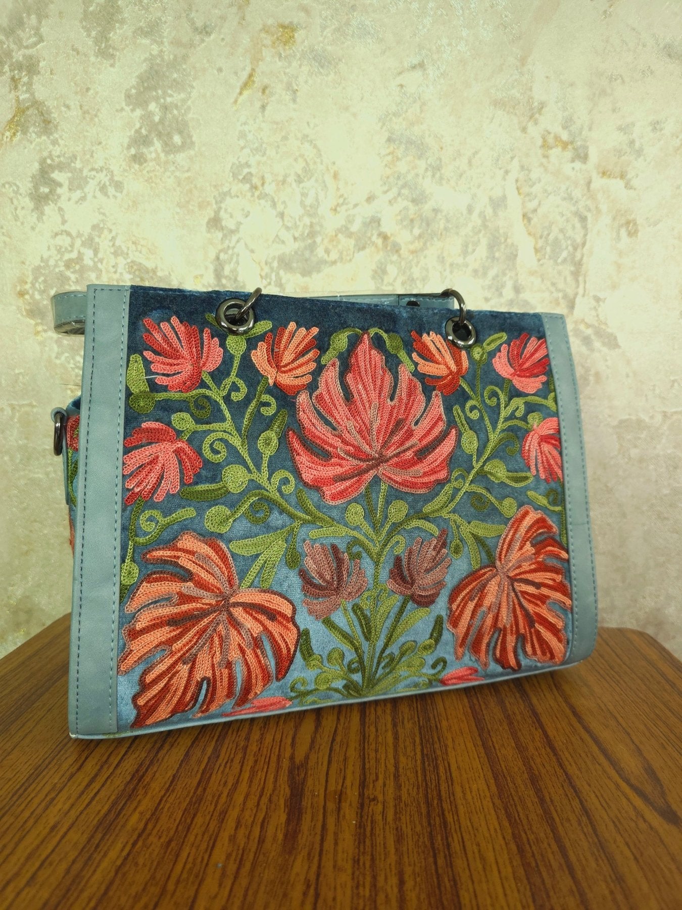 Kashmiri Tote Bag – Dusty Blue | Velvet Floral Embroidered Tote for Women - Oagh India
