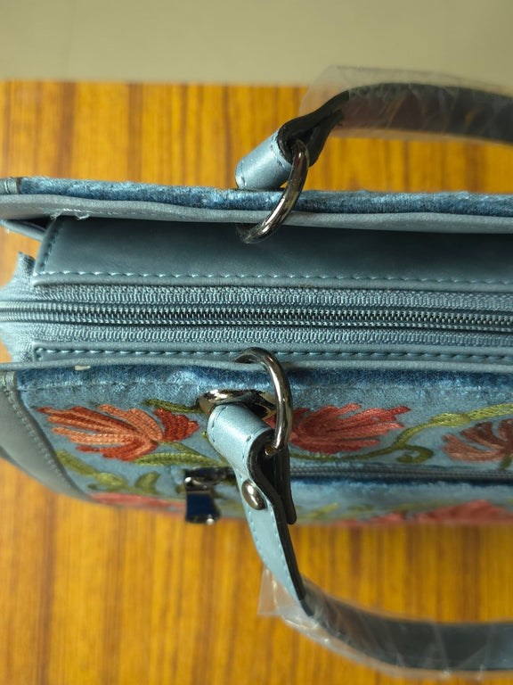 Kashmiri Tote Bag – Dusty Blue | Velvet Floral Embroidered Tote for Women - Oagh India
