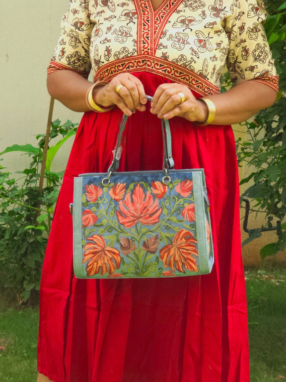 Kashmiri Tote Bag – Dusty Blue | Velvet Floral Embroidered Tote for Women - Oagh India