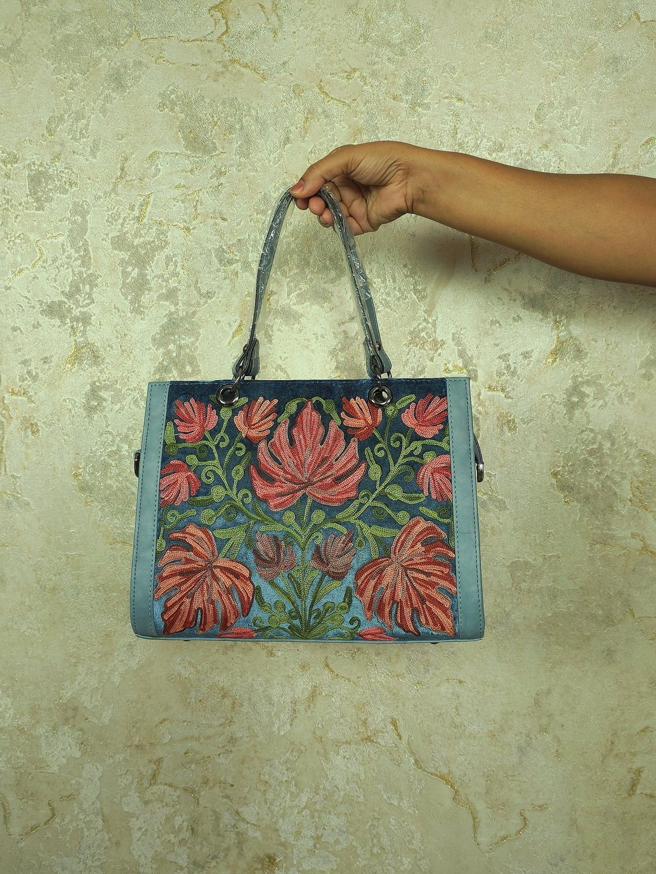 Kashmiri Tote Bag – Dusty Blue | Velvet Floral Embroidered Tote for Women - Oagh India