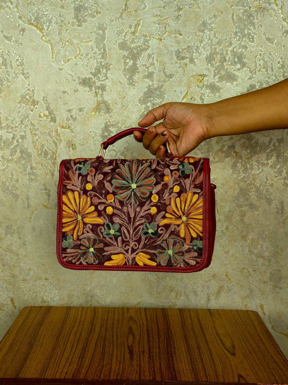 Kashmiri Tote Bag – Maroon | Velvet Floral Tote for Women - Oagh India