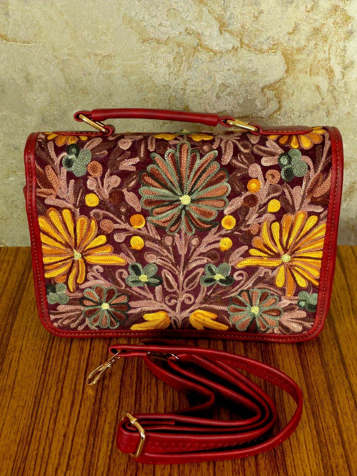 Kashmiri Tote Bag – Maroon | Velvet Floral Tote for Women - Oagh India