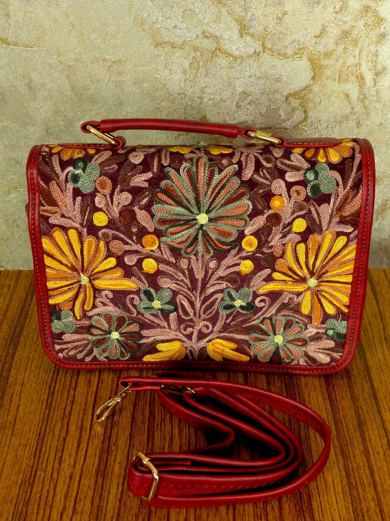 Kashmiri Tote Bag – Maroon | Velvet Floral Tote for Women - Oagh India
