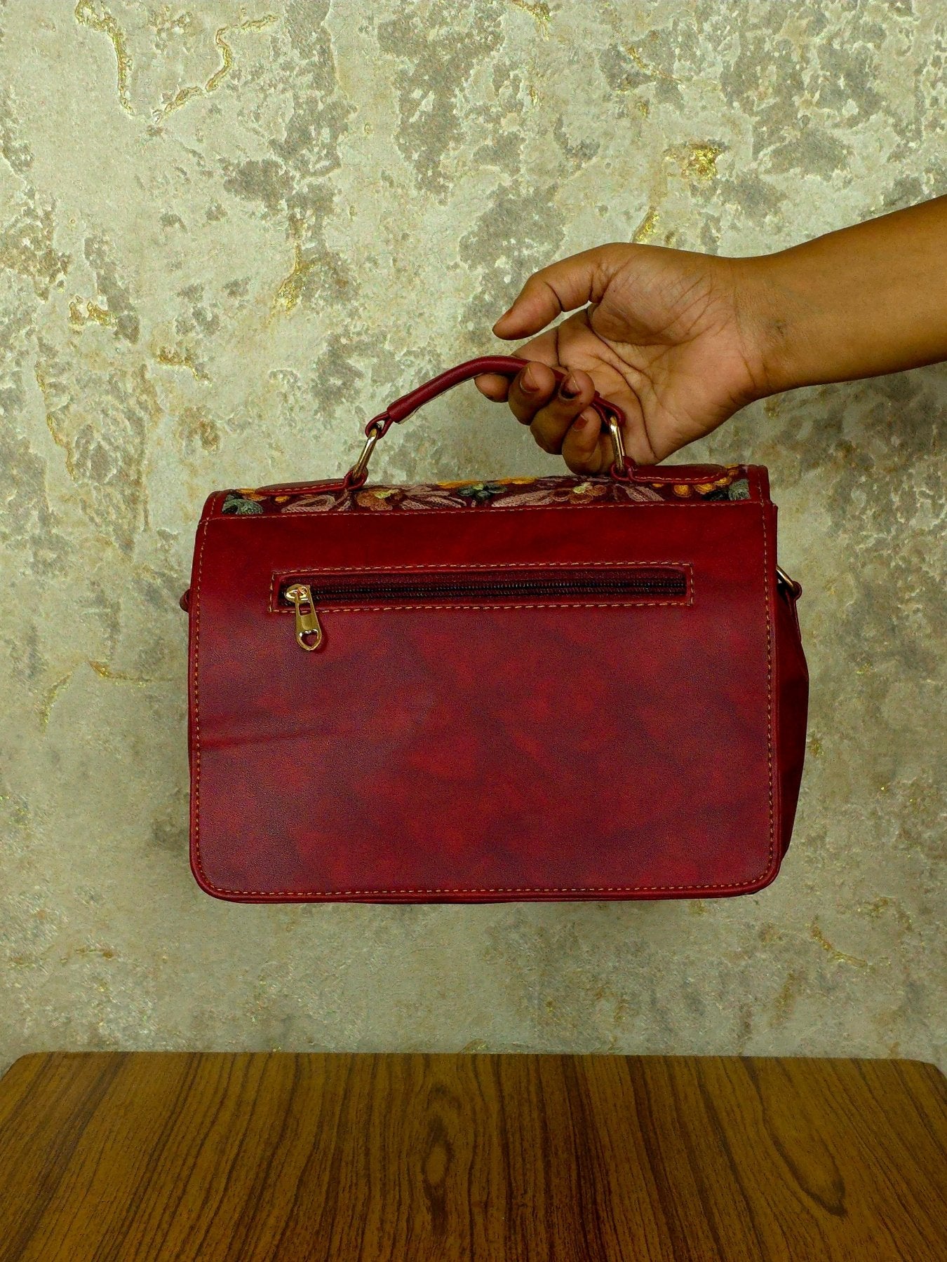 Kashmiri Tote Bag – Maroon | Velvet Floral Tote for Women - Oagh India