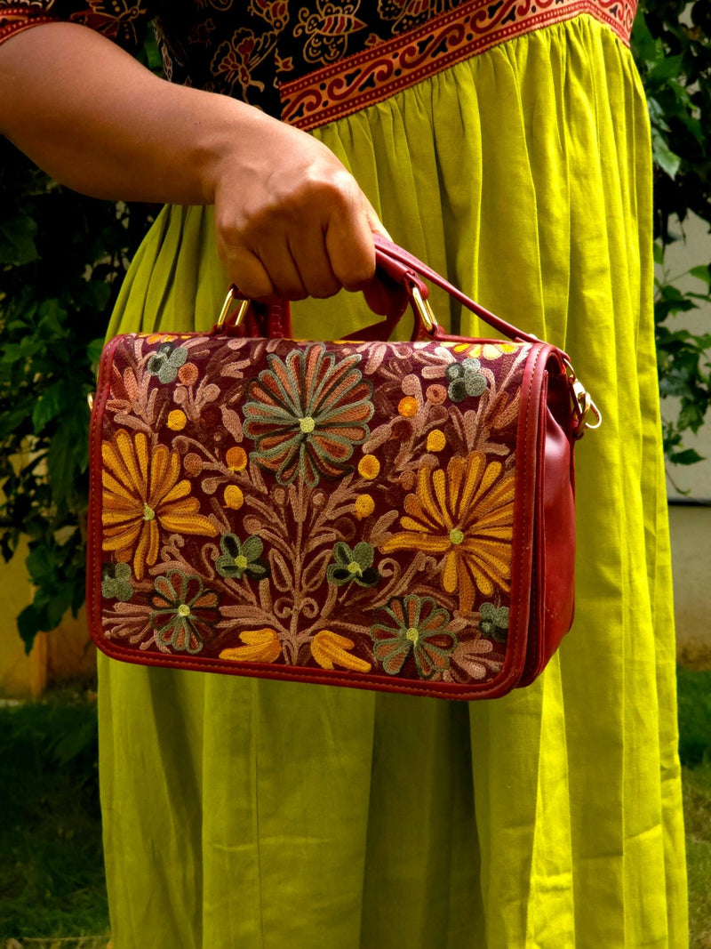 Kashmiri Tote Bag – Maroon | Velvet Floral Tote for Women - Oagh India
