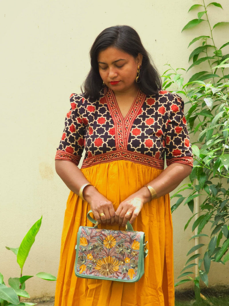 Kashmiri Tote Bag – Sage Green | Embroidered Velvet Floral Tote for Women - Oagh India