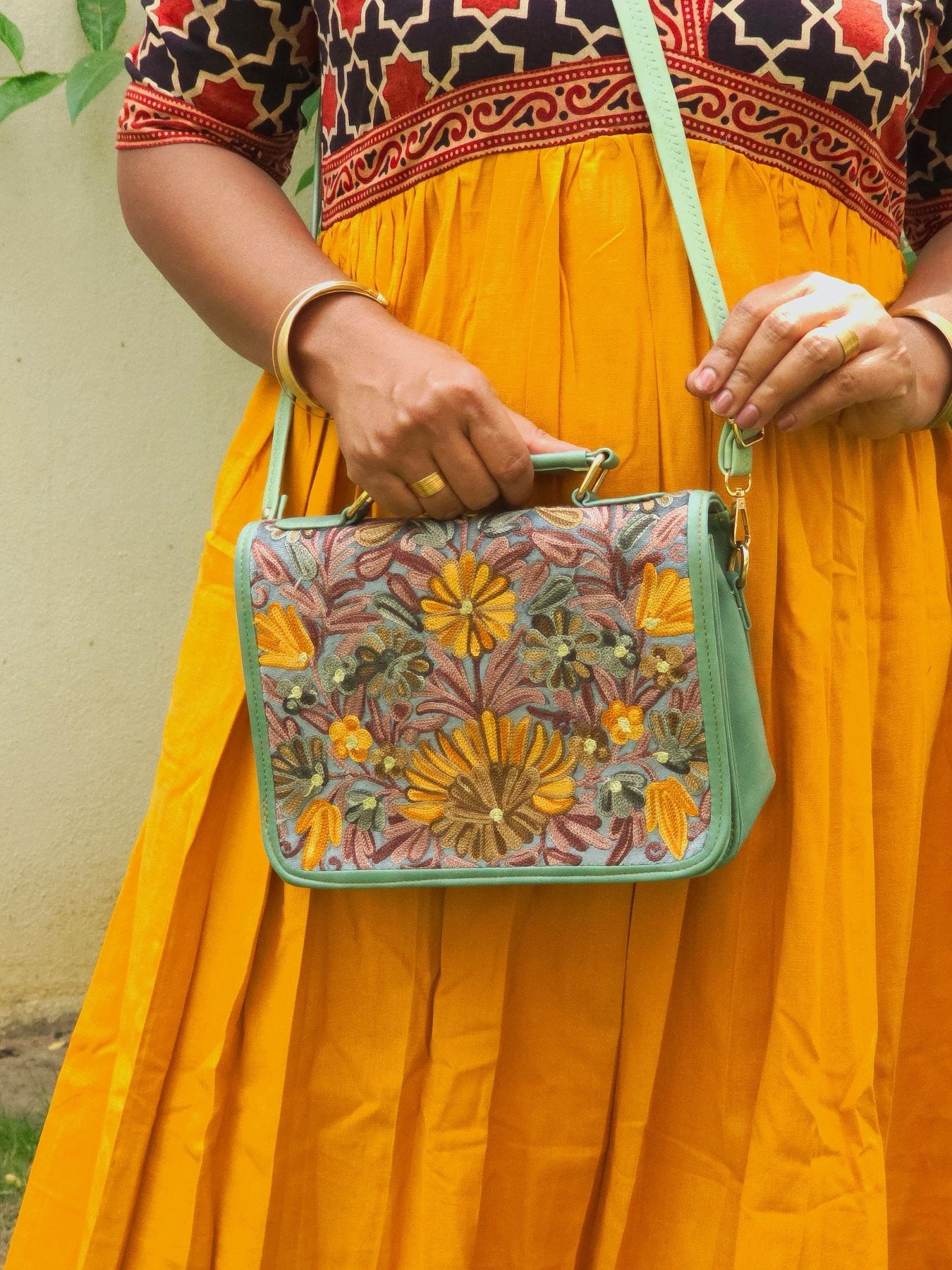Kashmiri Tote Bag – Sage Green | Embroidered Velvet Floral Tote for Women - Oagh India
