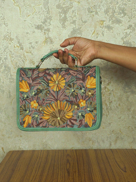 Kashmiri Tote Bag – Sage Green | Embroidered Velvet Floral Tote for Women - Oagh India
