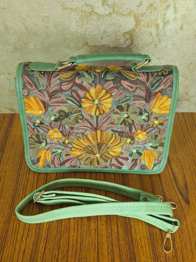 Kashmiri Tote Bag – Sage Green | Embroidered Velvet Floral Tote for Women - Oagh India