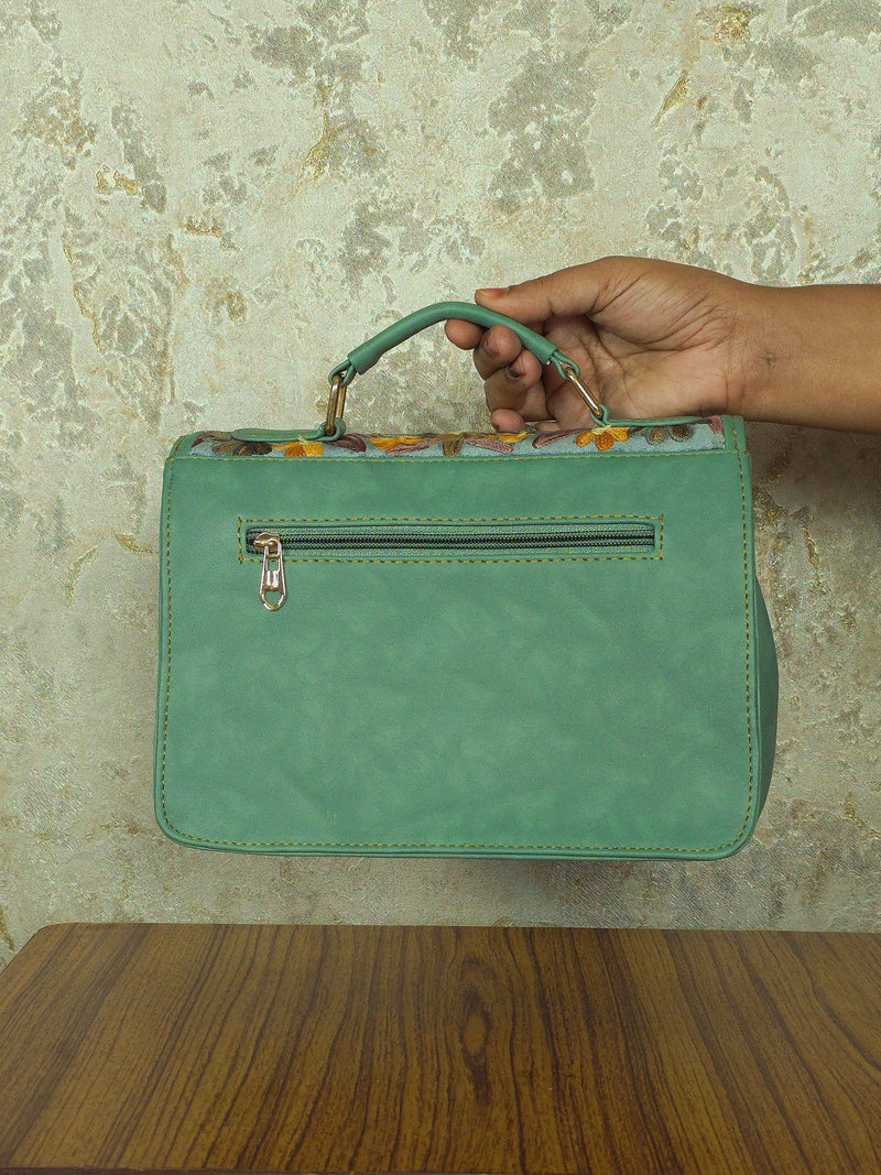 Kashmiri Tote Bag – Sage Green | Embroidered Velvet Floral Tote for Women - Oagh India