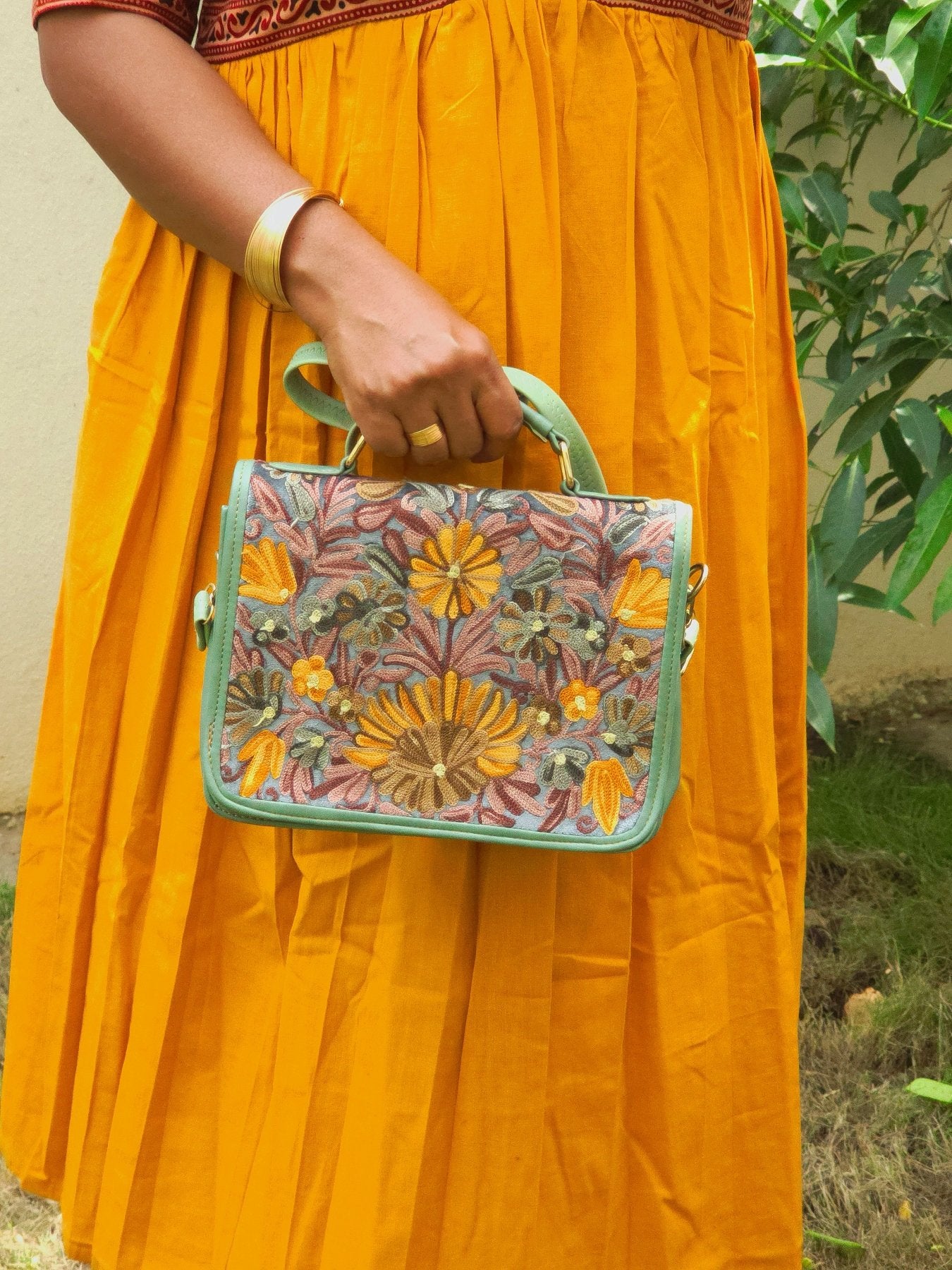Kashmiri Tote Bag – Sage Green | Embroidered Velvet Floral Tote for Women - Oagh India