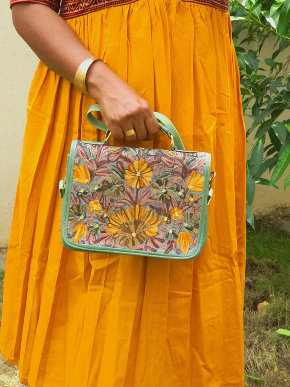 Kashmiri Tote Bag – Sage Green | Embroidered Velvet Floral Tote for Women - Oagh India