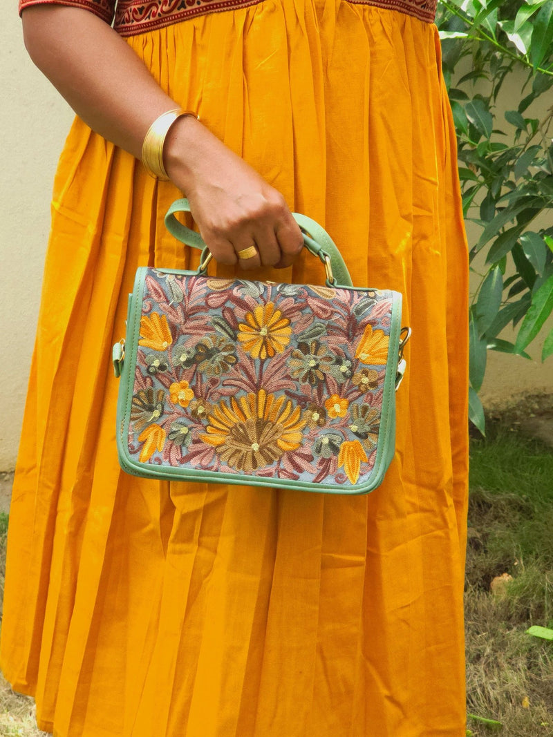 Kashmiri Tote Bag – Sage Green | Embroidered Velvet Floral Tote for Women - Oagh India