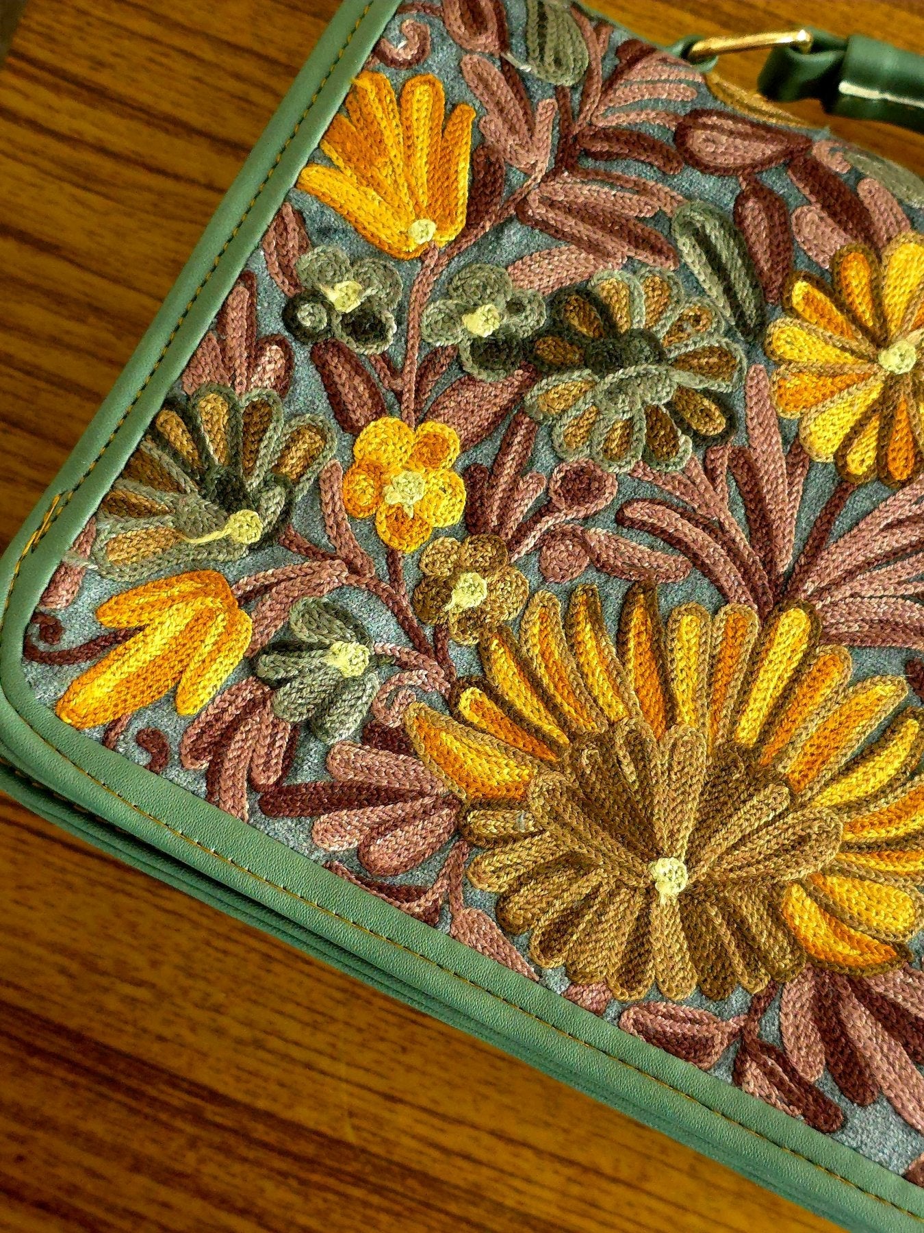 Kashmiri Tote Bag – Sage Green | Embroidered Velvet Floral Tote for Women - Oagh India